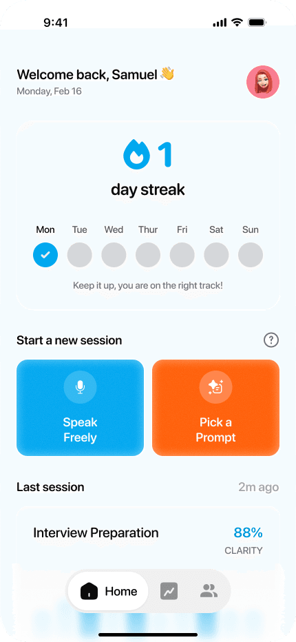 Speecha home screen showing streak tracking and session options